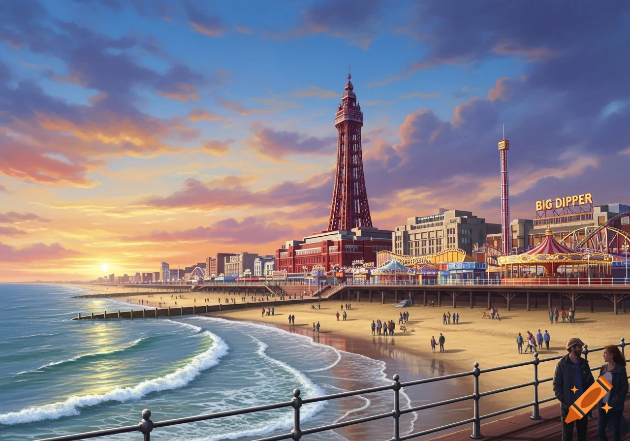 A vibrant illustration of Blackpool beach and pier at sunset, featuring the iconic Blackpool Tower and an amusement park.