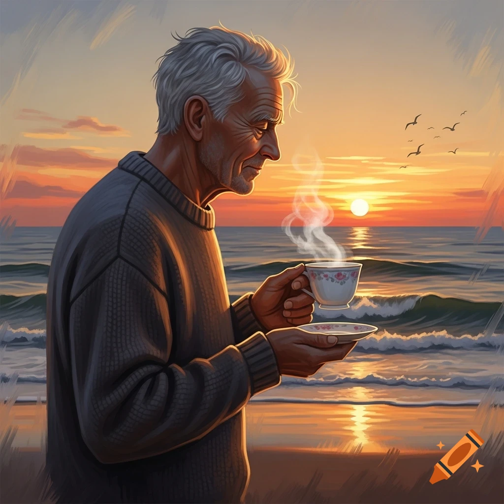 Illustrated older man holding a steaming teacup on a beach at a colorful sunset.