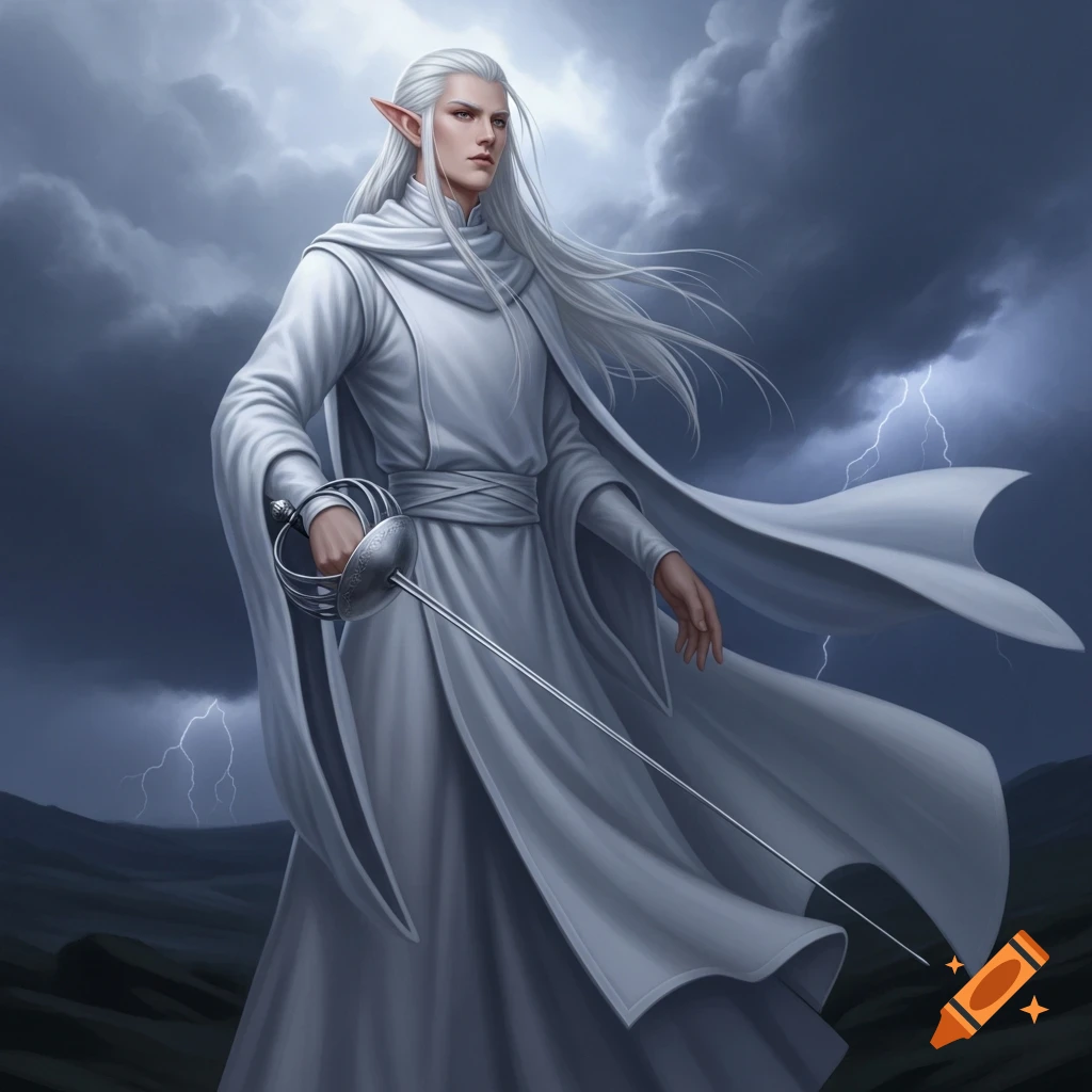 An elegant, long-haired elf in white robes holds a rapier against a dramatic stormy sky with lightning.