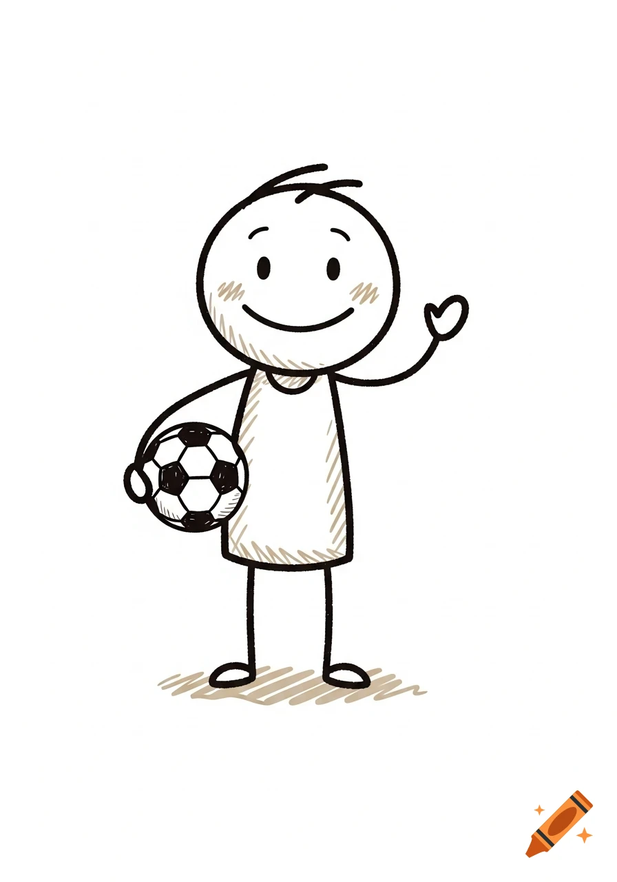 Cute, hand-drawn stick figure waving, holding a soccer ball, with rough lines and minimal design.