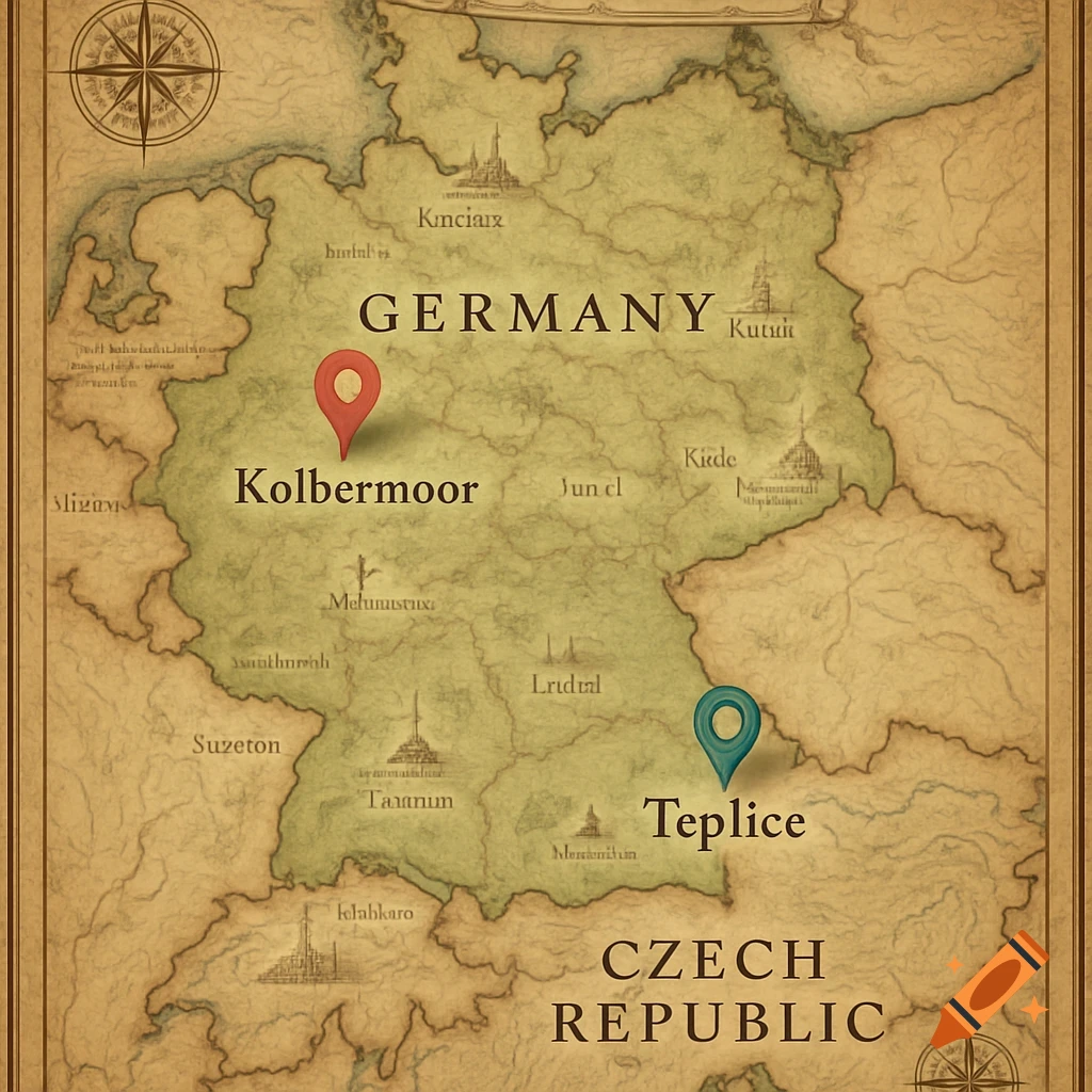 An old-style map showing Germany and the Czech Republic, with red and blue pins marking Kolbermoor and Teplice respectively.