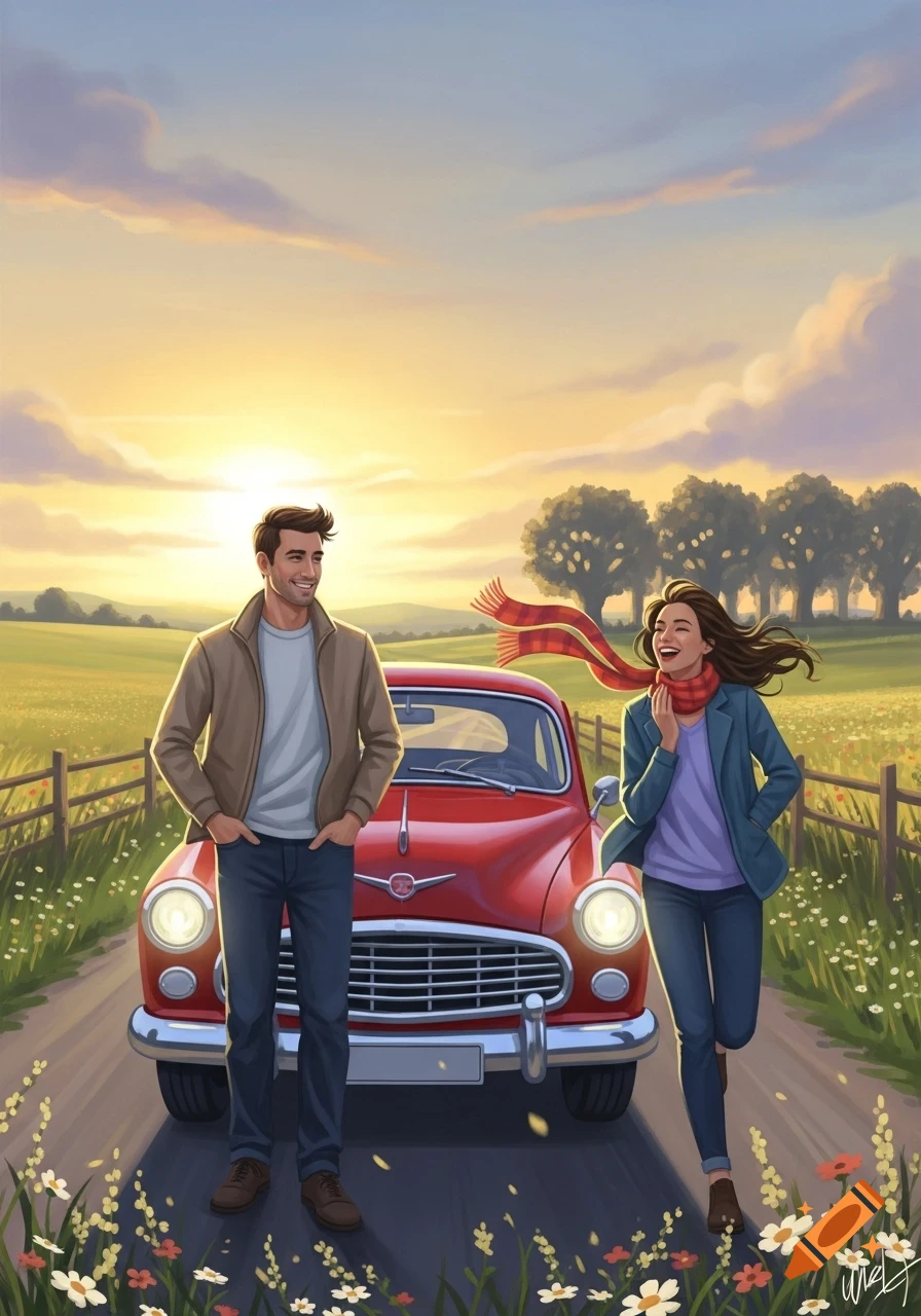 Illustration of a smiling couple with a red vintage car on a country road at sunset.