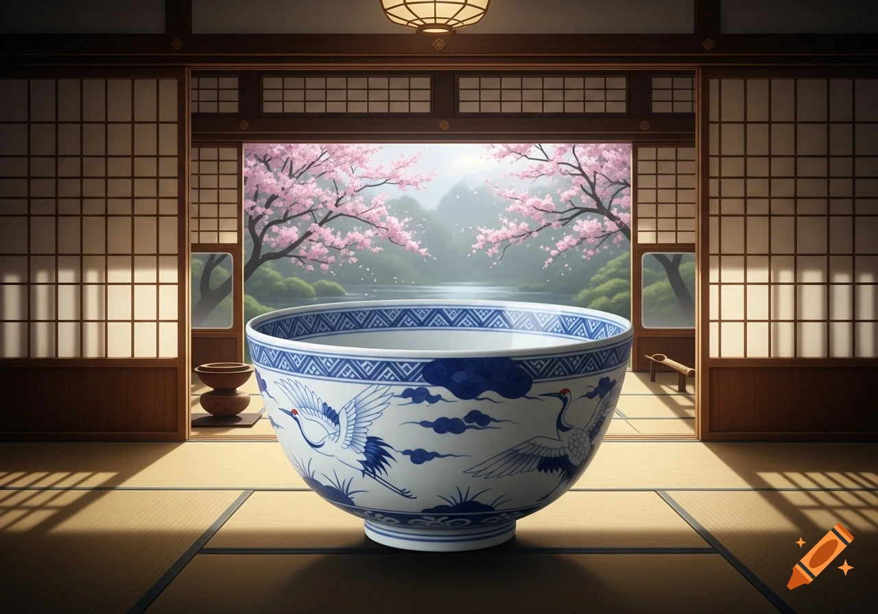 A large blue and white ceramic bowl with crane and cloud patterns on tatami mats, overlooking a serene landscape with pink cherry blossom trees.