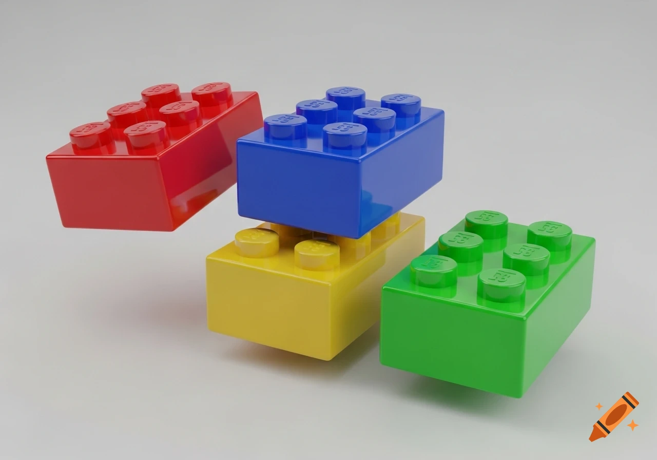 Four colorful toy bricks in red, blue, yellow, and green, stacked and floating on a light background in a 3D rendered style.