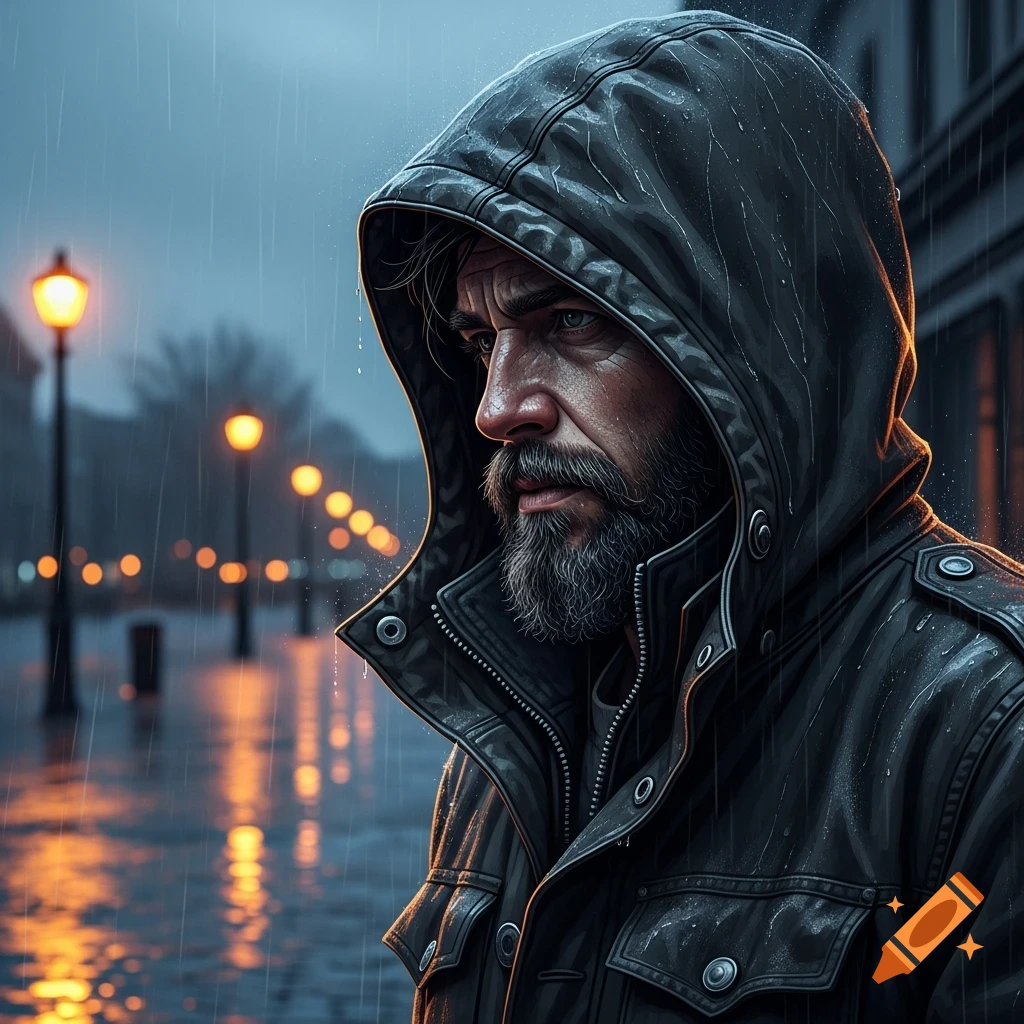 A close-up, dramatic shot of a bearded man in a hooded jacket looking left in the rain, with blurry streetlights in the background.