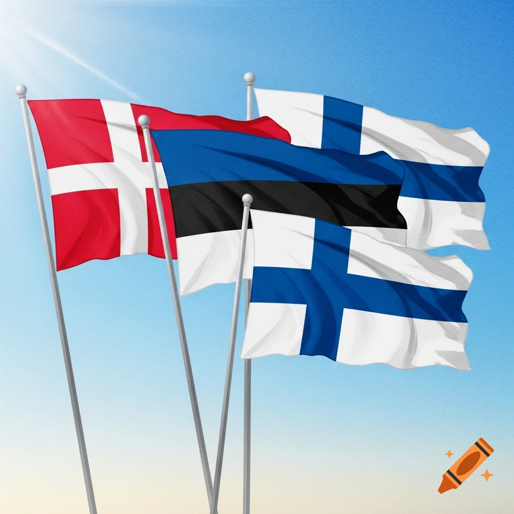 Flags of Denmark, Estonia, and Finland waving against a bright blue sky.