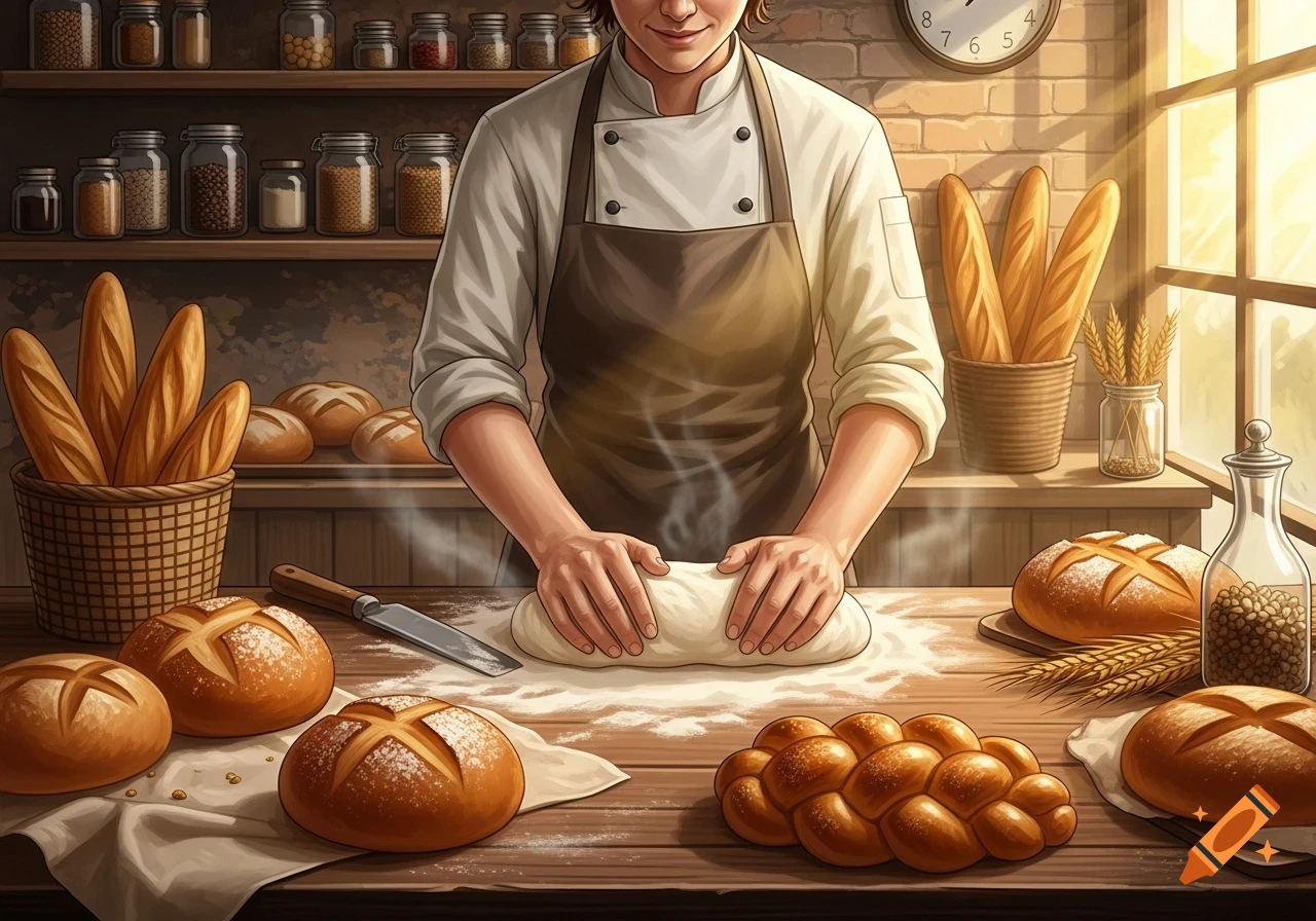 A baker in a chef's uniform kneads dough on a flour-dusted wooden table, surrounded by various fresh bread loaves.