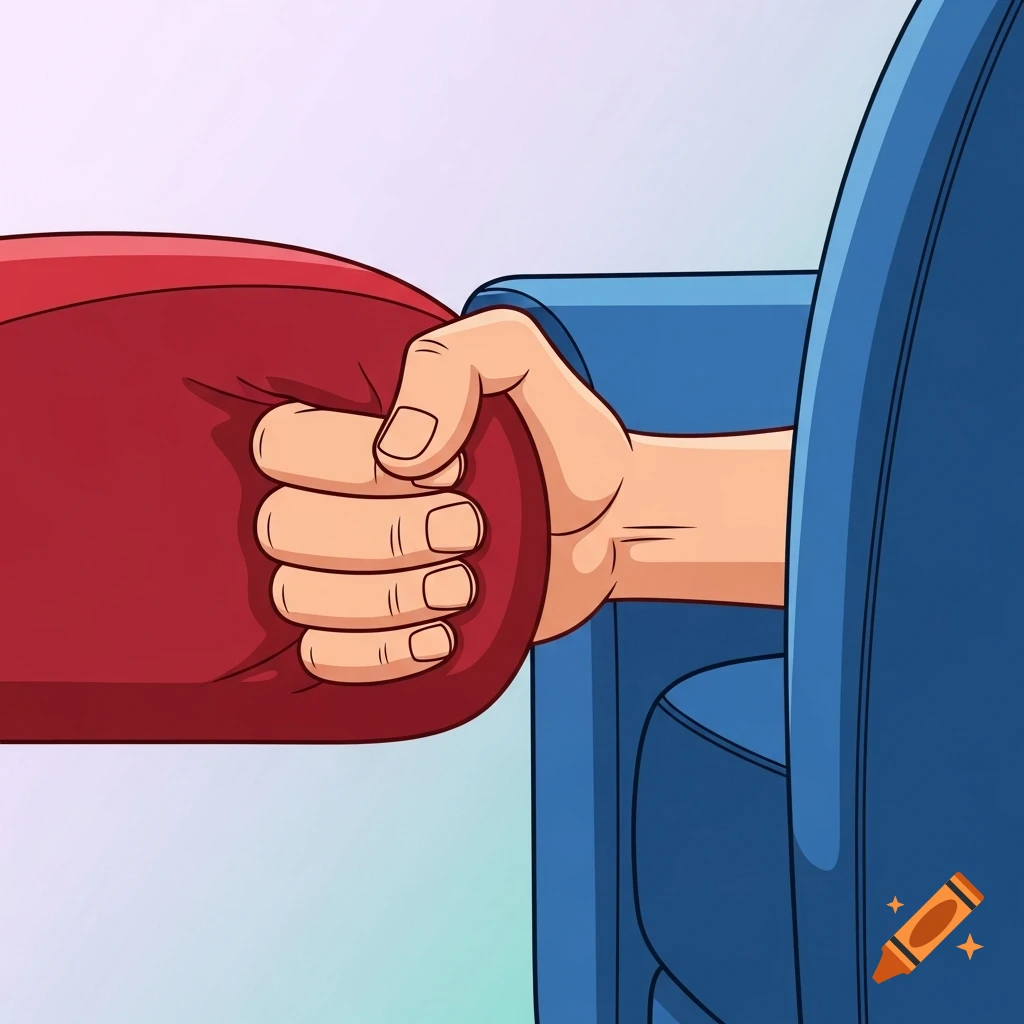 A simple cartoon illustration of a light-skinned hand gripping a red object against a blue armrest.