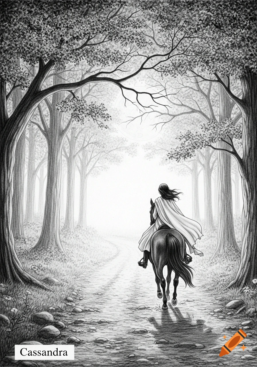 A pencil drawing of a cloaked figure on horseback riding away through a forest path, with the name Cassandra at the bottom.