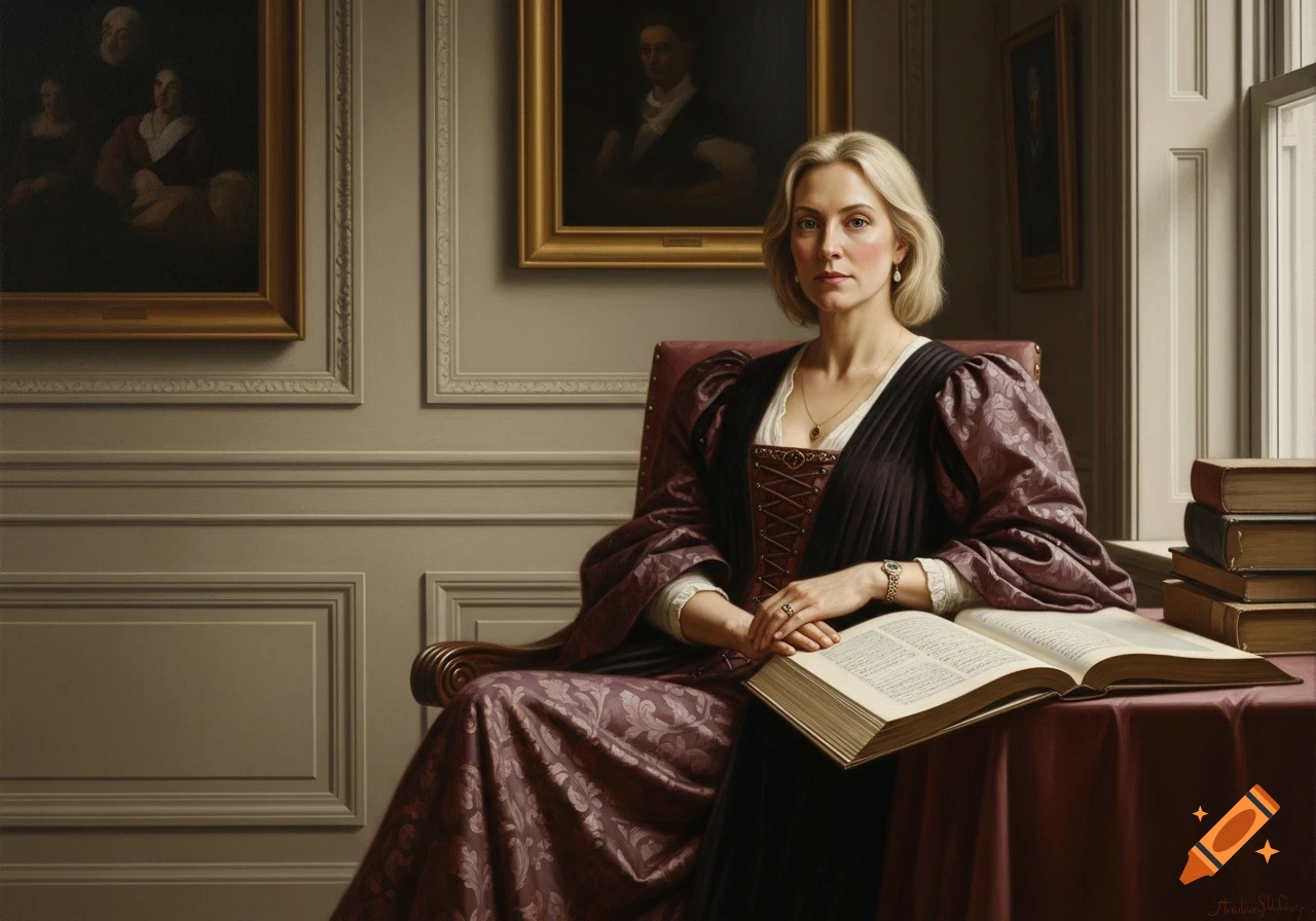 A woman with blonde hair in a purple historical dress sits in a stately room, holding an open book at a table with a stack of books, under paintings.