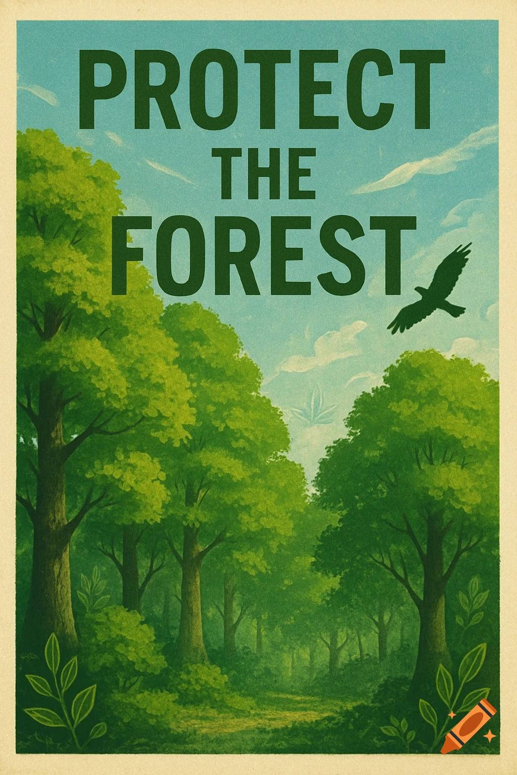 A vintage-style poster with 'PROTECT THE FOREST' text, featuring lush green trees, a blue sky, and a bird silhouette.