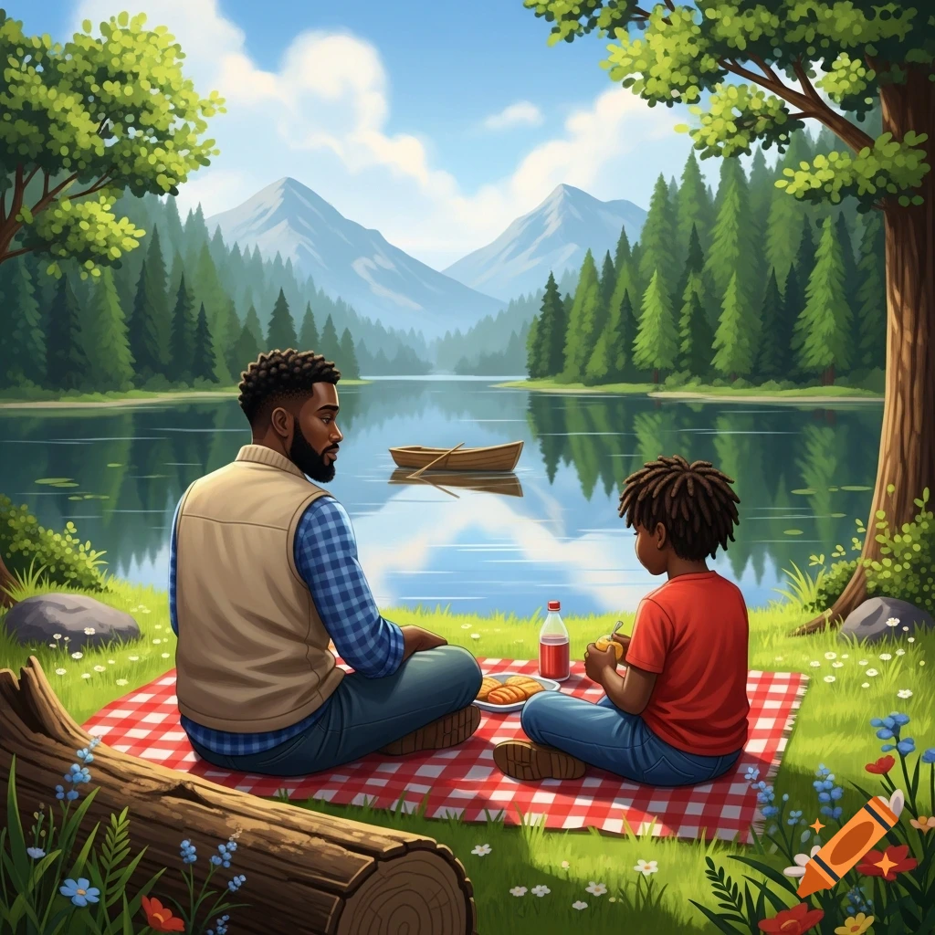 An illustrative image of a man and a boy having a picnic by a serene lake, with mountains and pine trees in the background.
