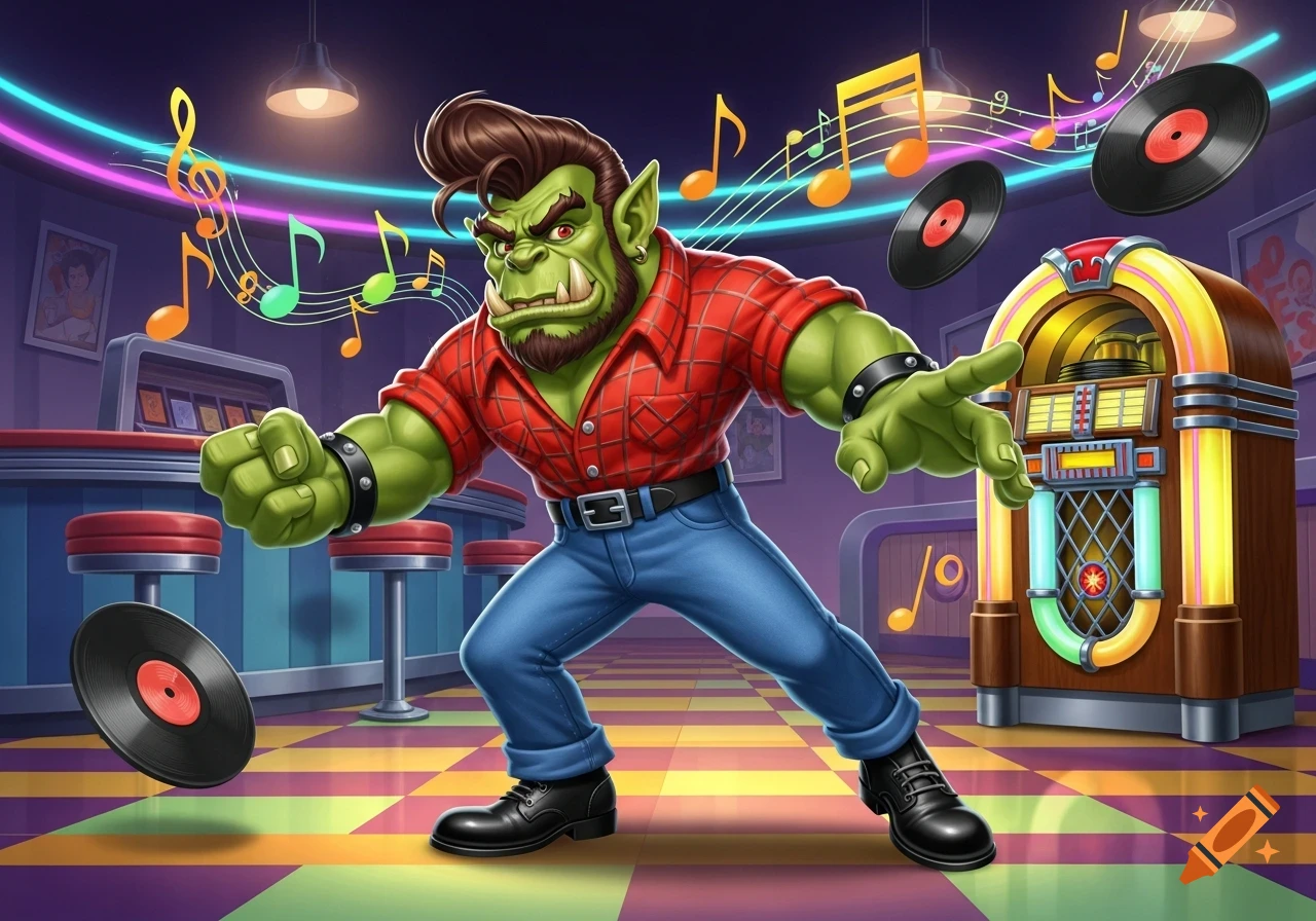 A cartoon orc with a pompadour, red plaid shirt, and jeans dances in a retro diner with a jukebox and flying vinyl records.