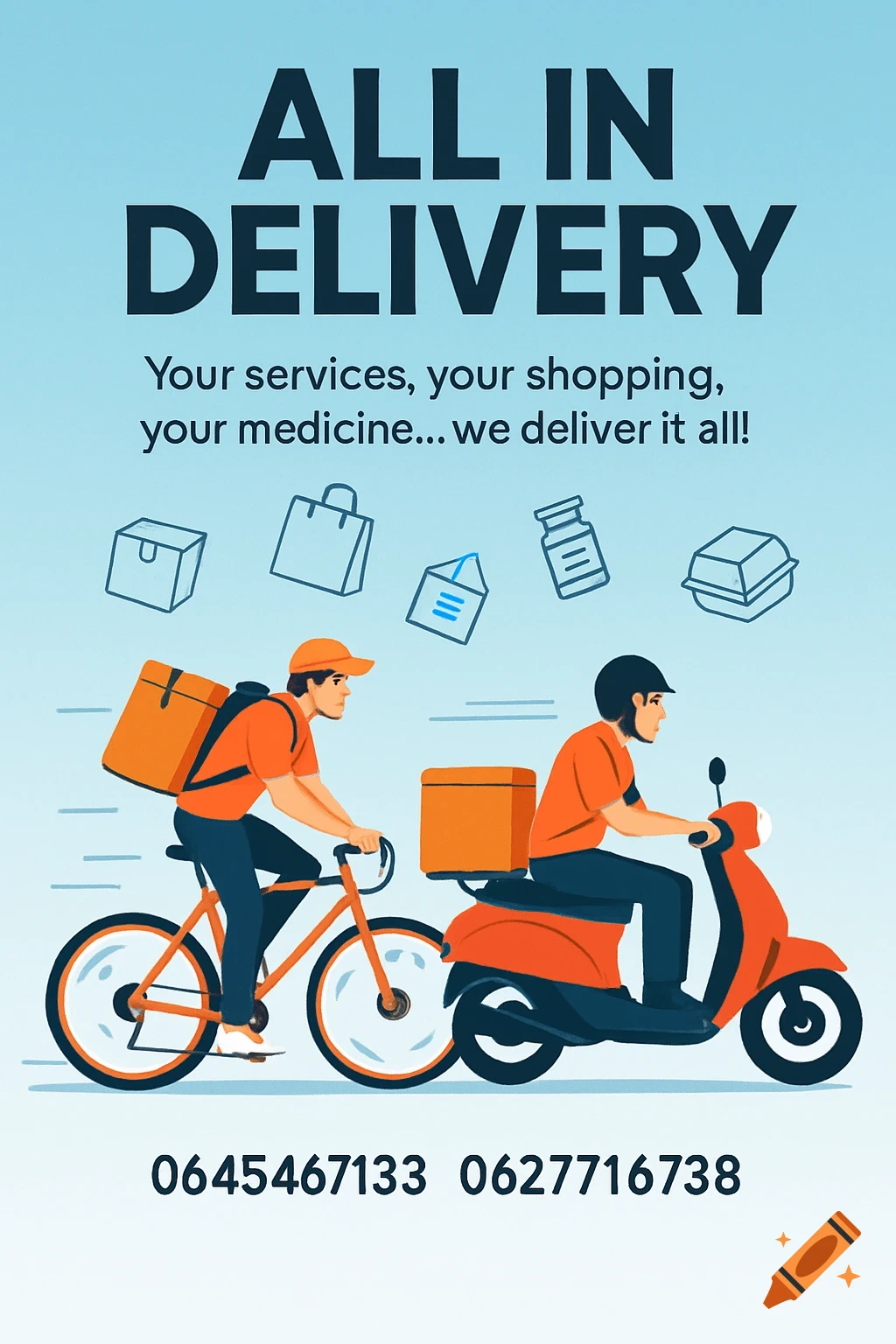 Poster for 'ALL IN DELIVERY' featuring a man on a bike and another on a scooter, carrying delivery boxes, with icons of packages.