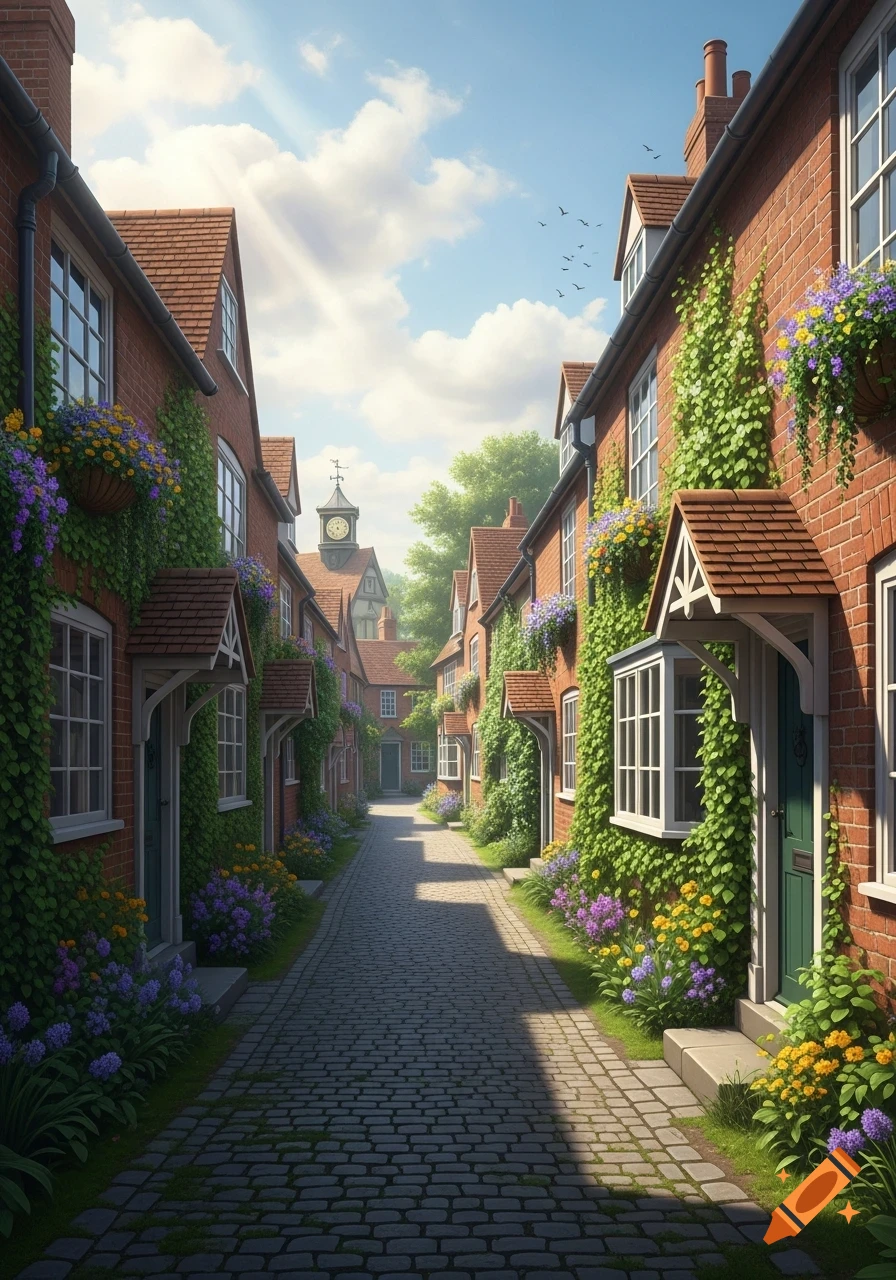 A charming sunlit cobbled alleyway lined with brick English cottages covered in ivy and colorful flowers, leading to a distant clock tower.
