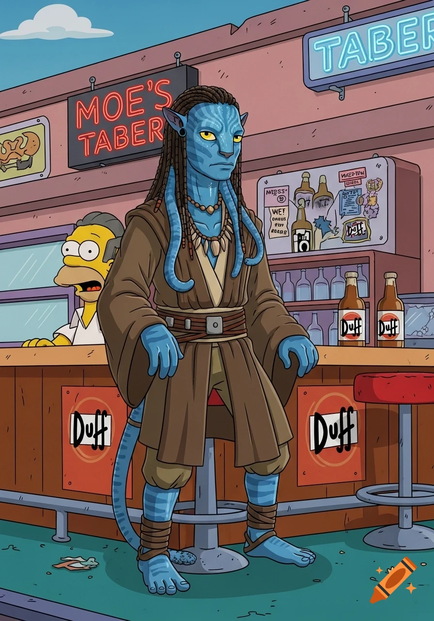 A blue alien character resembling a Na'vi from Avatar, dressed in Jedi robes, stands in Moe's Tavern from The Simpsons, with Homer Simpson in the background.