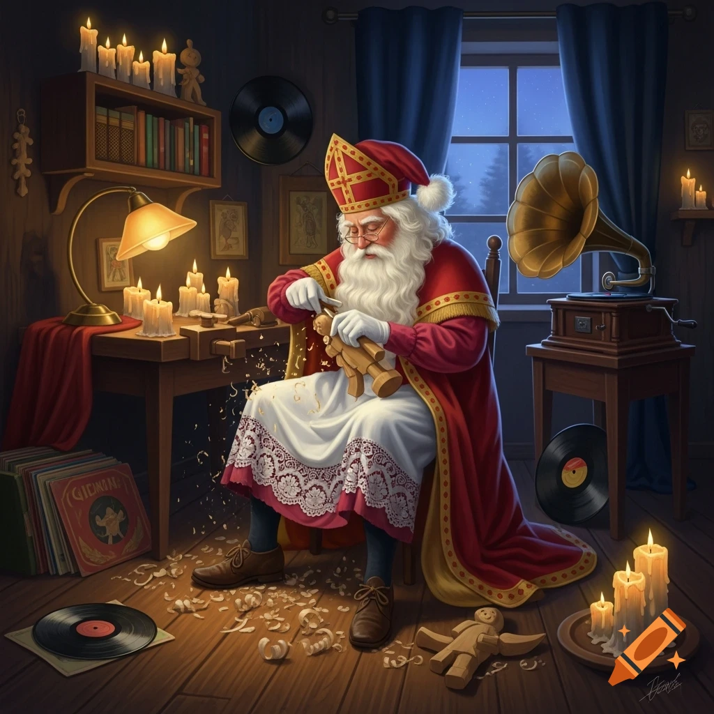 Sinterklaas, dressed in red and white robes, carves a wooden doll in a cozy, candlelit room filled with books, records, and a gramophone.