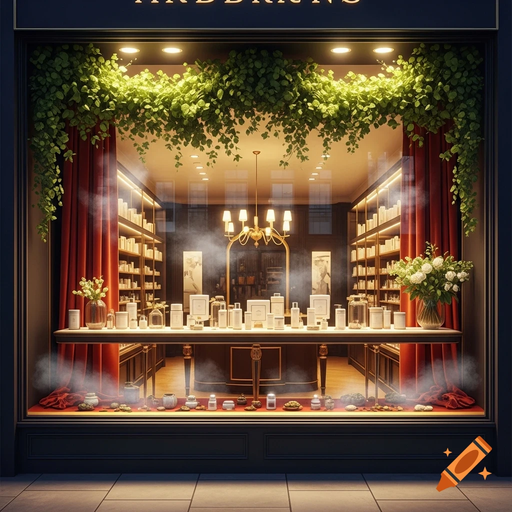 A luxurious store window display featuring white product packaging, green foliage, red curtains, and decorative lighting.