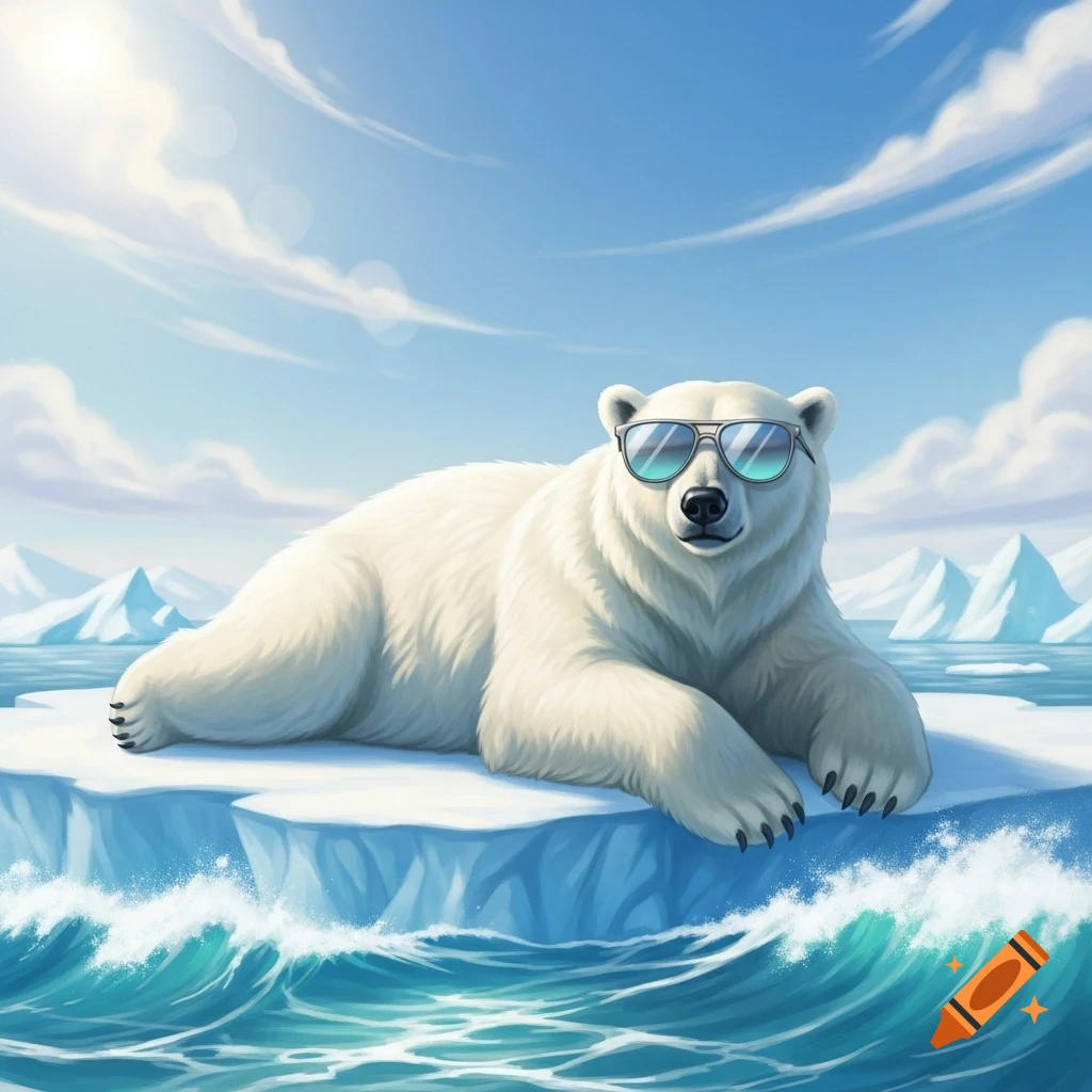 Cartoon illustration of a cool polar bear wearing sunglasses, relaxing on an ice floe in a sunny arctic sea.
