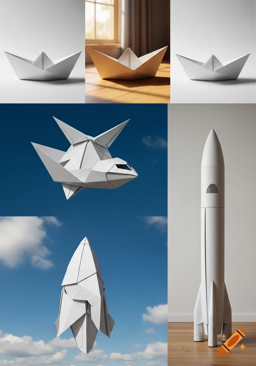 A grid image showing the visual evolution of white origami paper boats transforming into paper rockets, on various backgrounds.