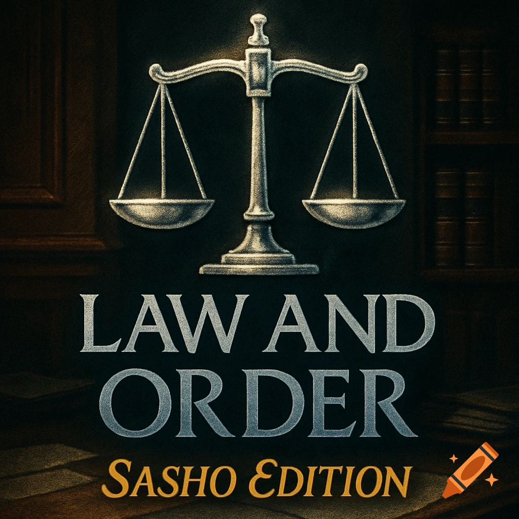 A stylized image features a silver scale of justice centered above the text "LAW AND ORDER" and "Sasho Edition" on a dark, textured background with faint bookshelves and paneling.