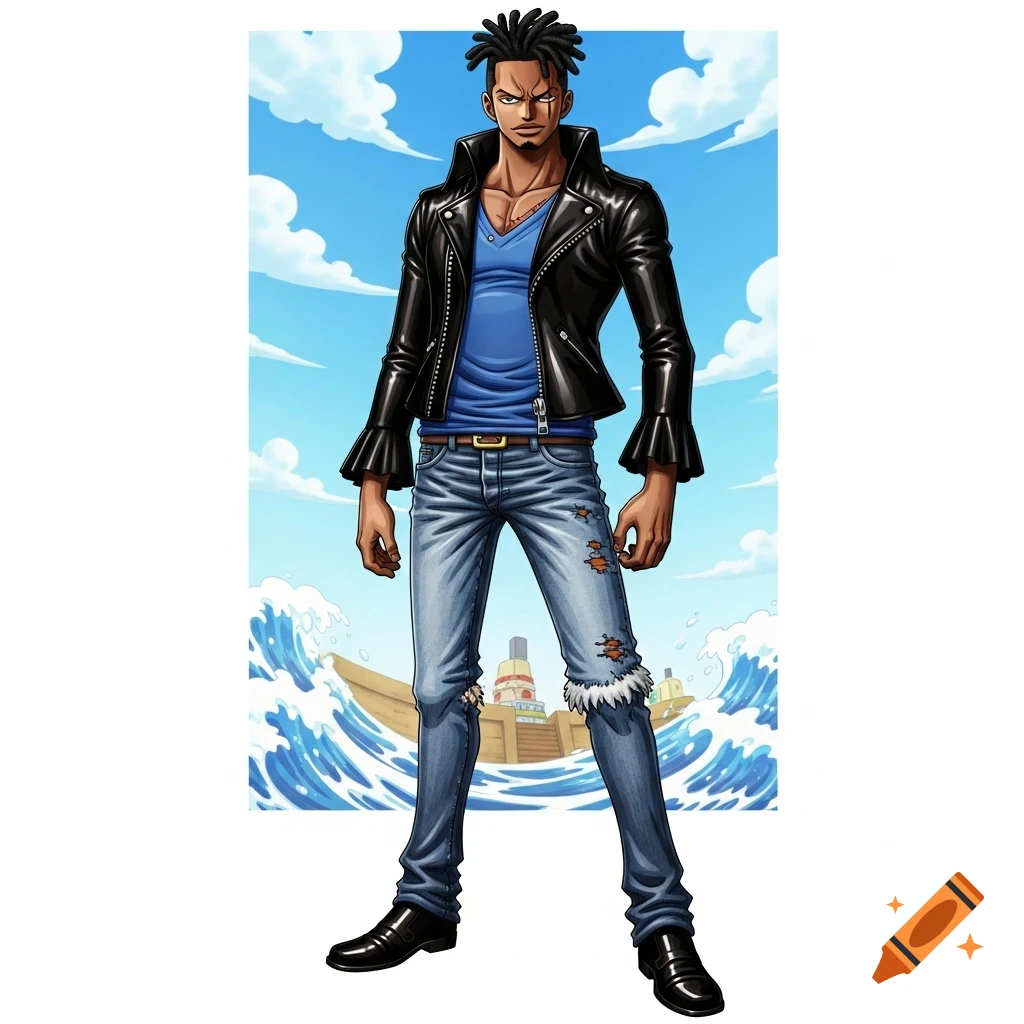 An anime man with dark skin and dreadlocks, wearing a black leather jacket, blue shirt, and ripped jeans, stands against a blue sky with a boat.