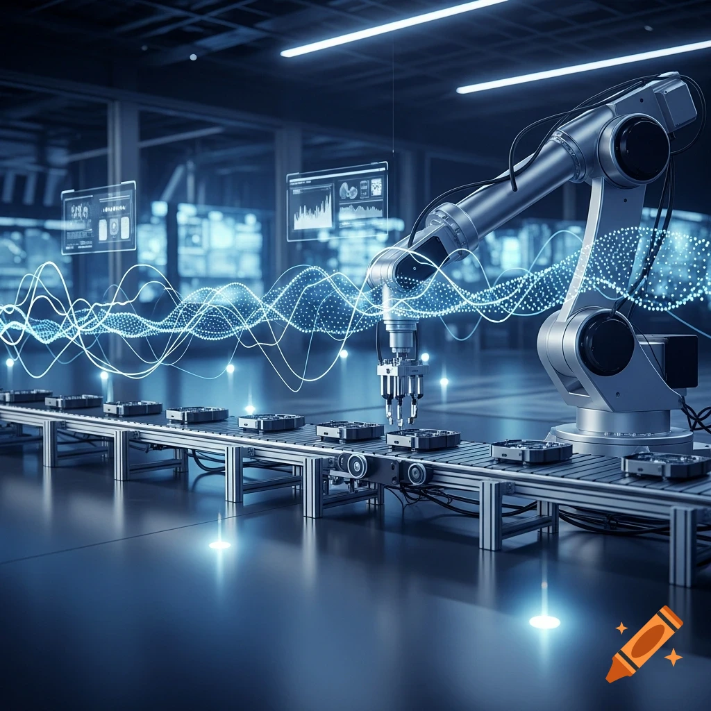 A robotic arm works on an assembly line in a futuristic factory with glowing blue data waves and holographic screens.