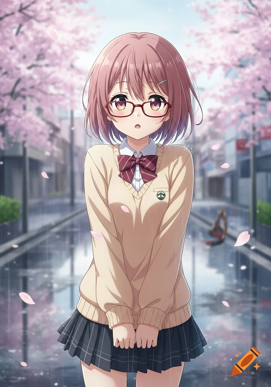 Anime girl with pink hair and glasses in a school uniform stands on a wet street with falling cherry blossoms.