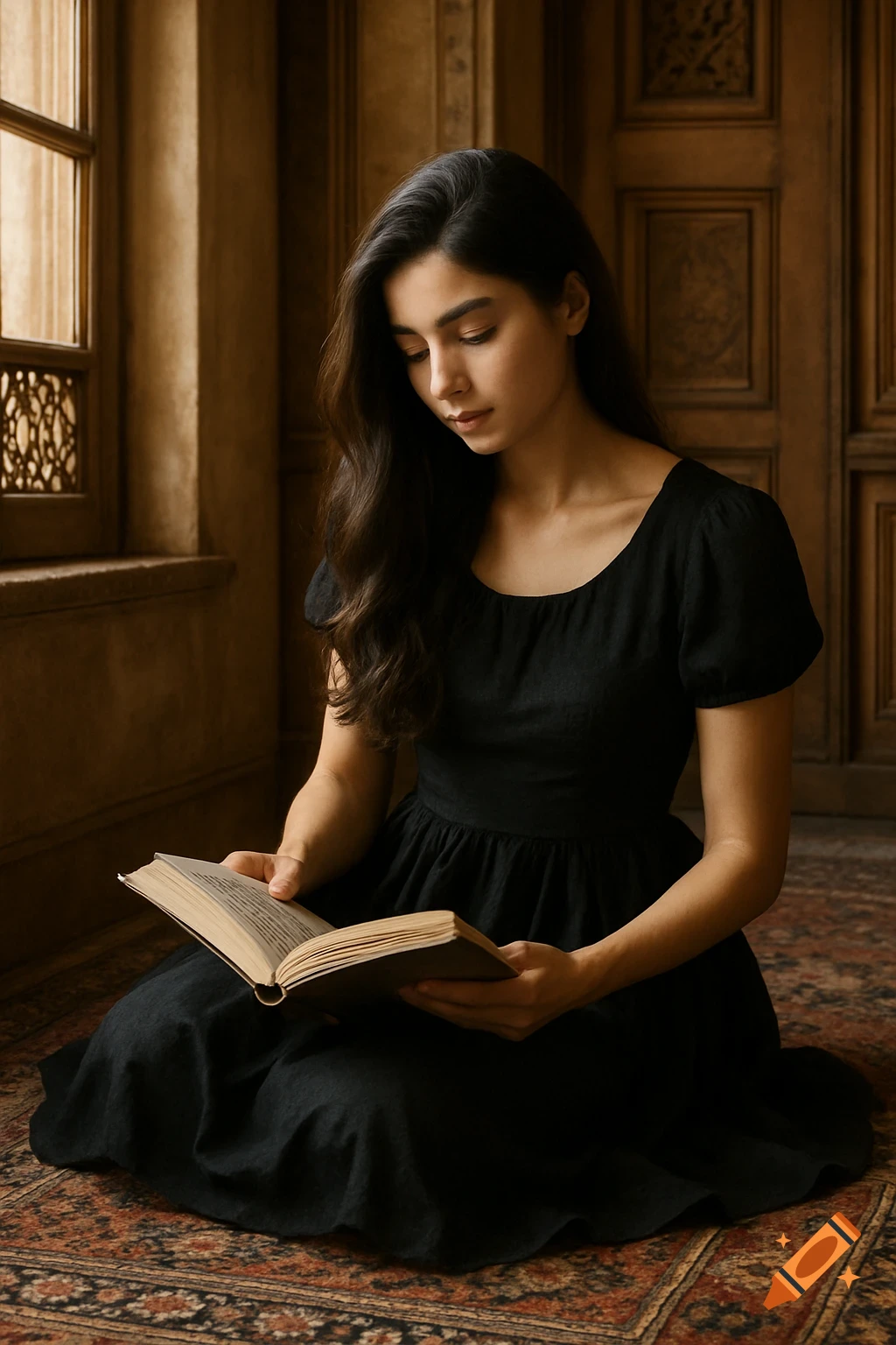A photorealistic young woman with dark hair, wearing a black dress, sits on a patterned rug, reading a book by a window.