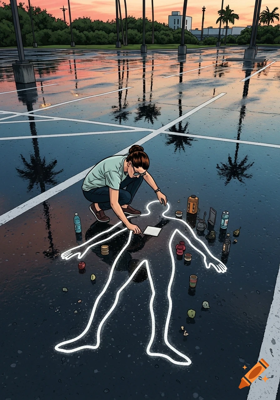 Person crouching beside a chalk outline on wet asphalt in a Miami parking lot, arranging objects, palm trees reflected, graphic novel style.