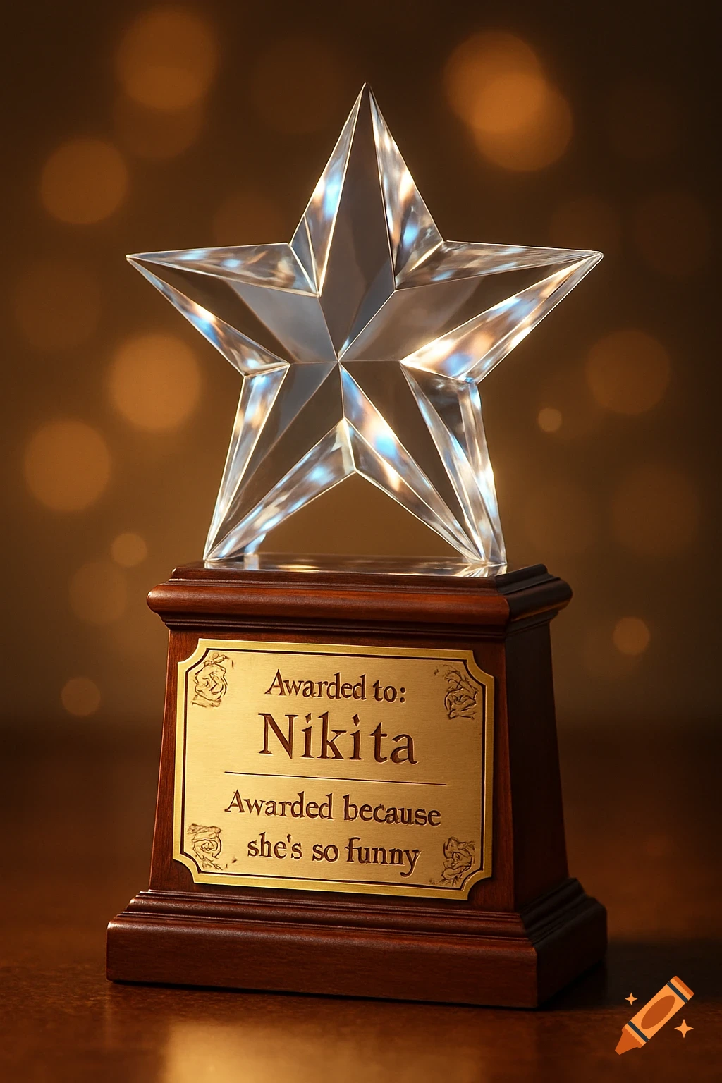 A photorealistic image of a crystal star trophy on a wooden base with a golden plaque inscribed "Awarded to: Nikita Awarded because she's so funny."