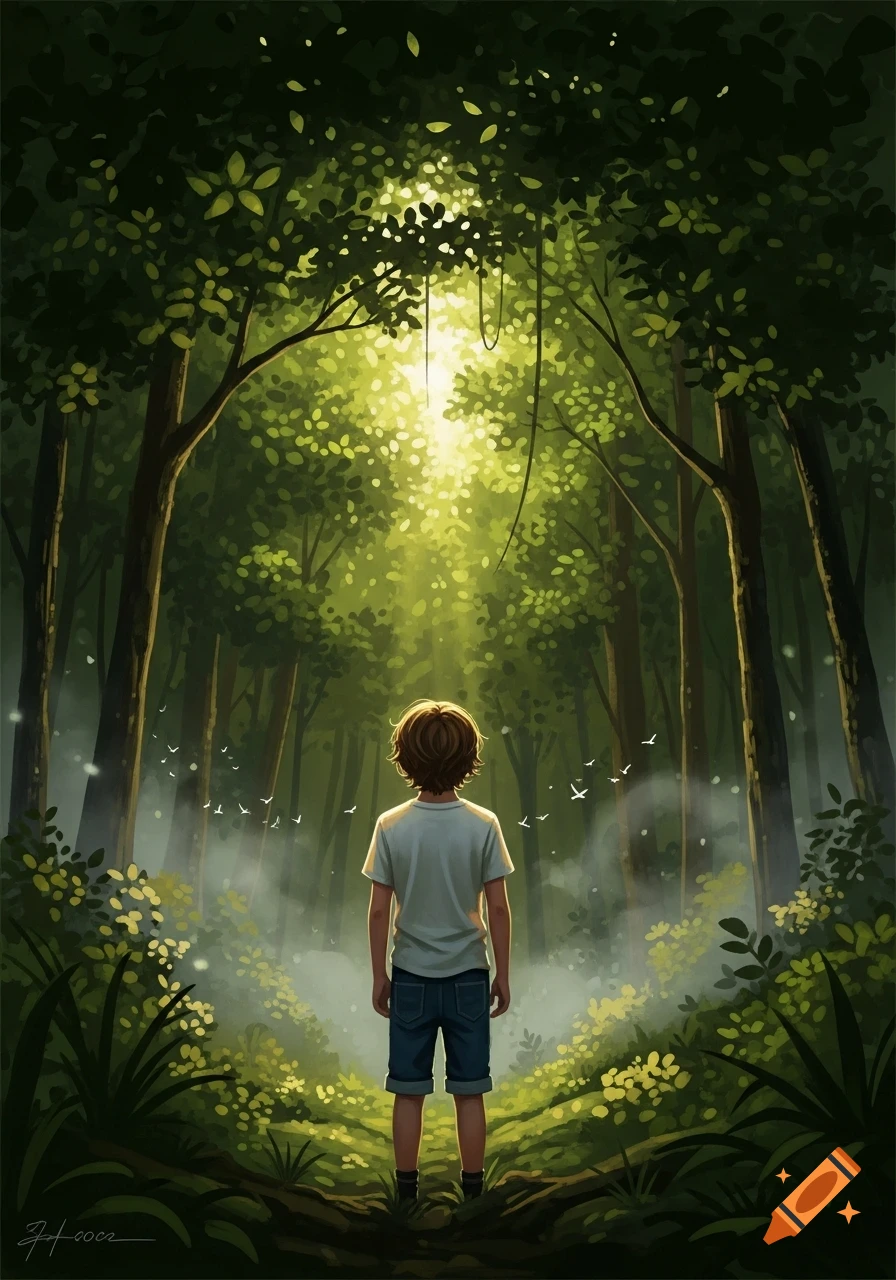 An illustration of a boy standing with his back turned, looking into a sunlit, lush green forest with small birds flying.