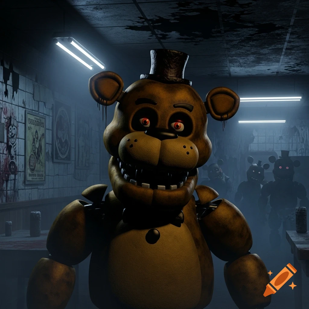 A menacing brown animatronic bear with red eyes and a top hat stands in a dark, tiled room with other shadowy animatronics in the background.