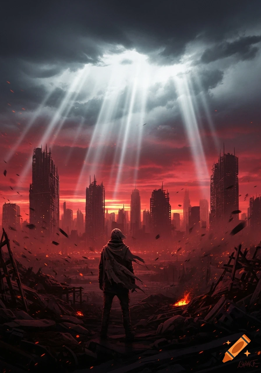 Lone figure surveys a ruined city under a dramatic red sky, with light rays piercing dark clouds. Digital art.