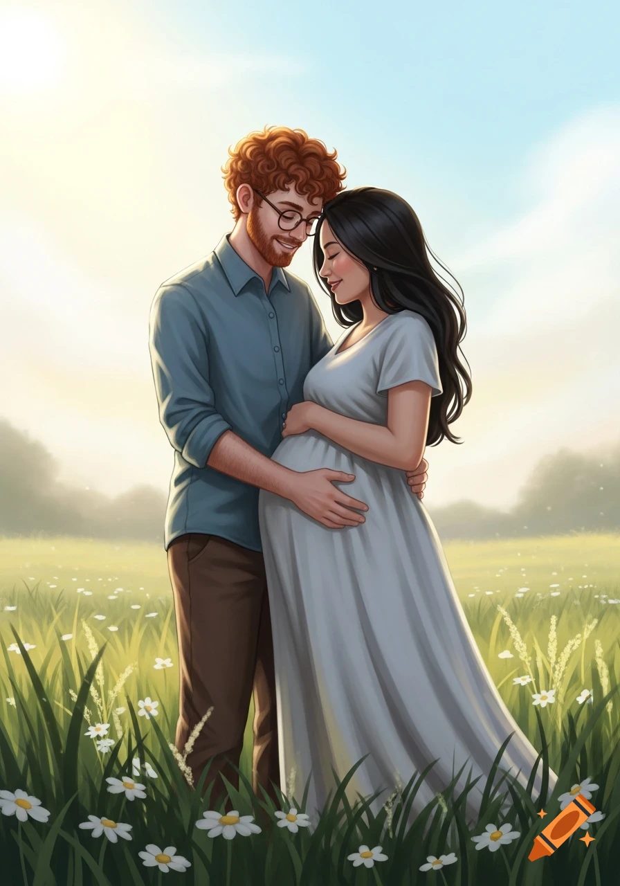 Smiling red-haired man with glasses embraces his pregnant wife in a sunny field filled with white flowers, an illustration.