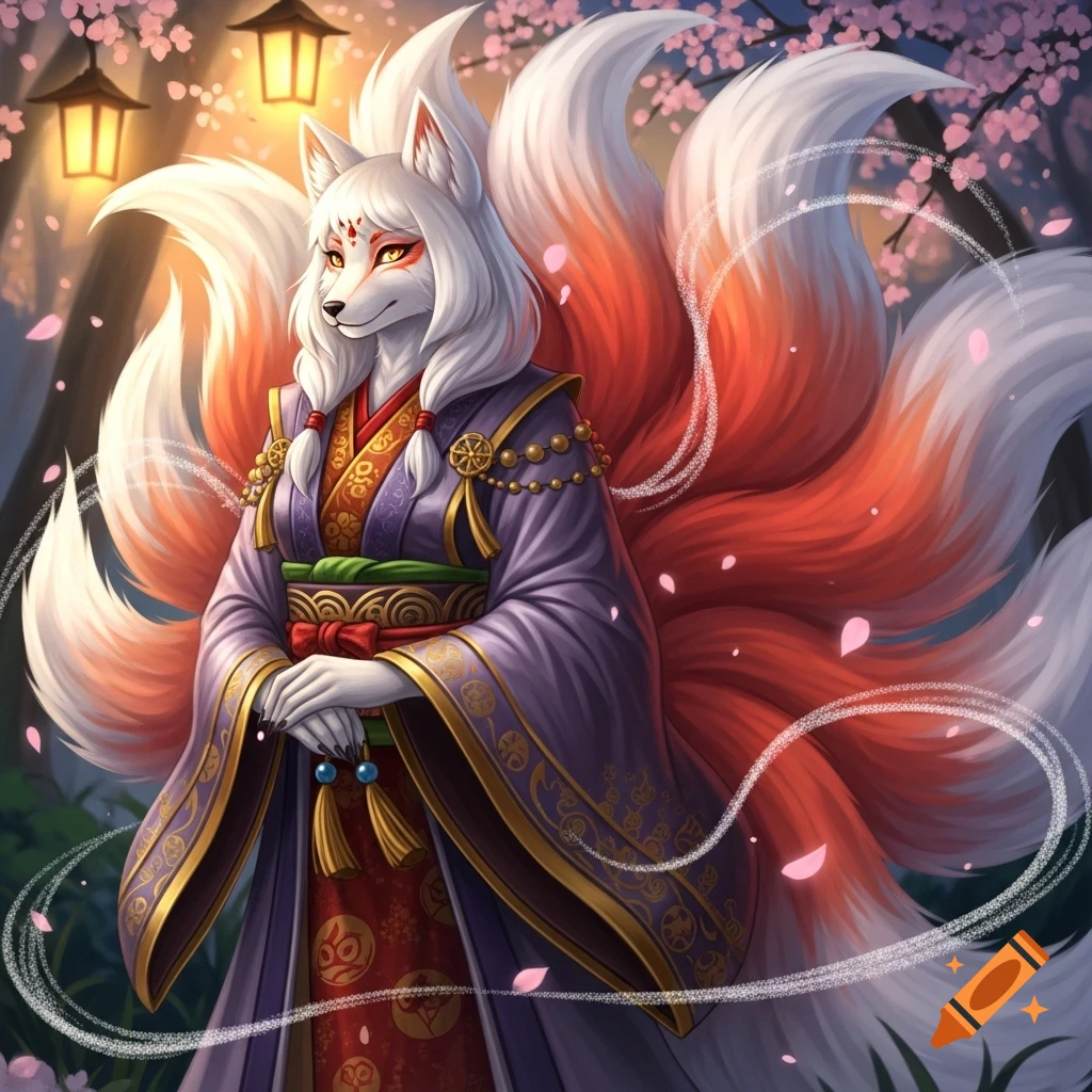 A white-furred Kitsune with nine fluffy tails and long white hair wears a purple kimono in a cherry blossom forest with lanterns, anime style.