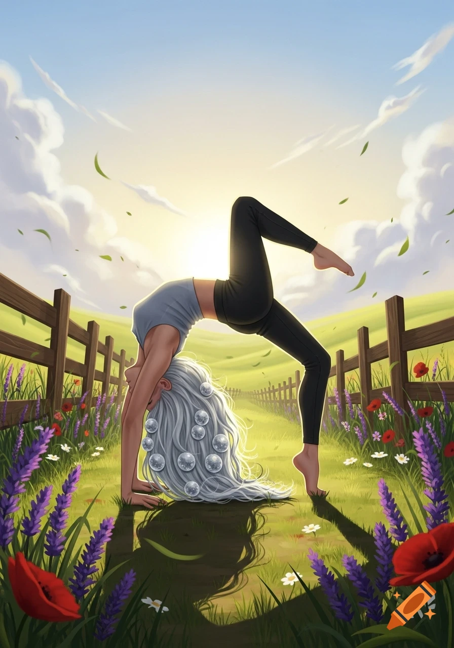 An illustrated woman with long white hair and bubbles doing a backbend in a sunny field with lavender and a wooden fence.