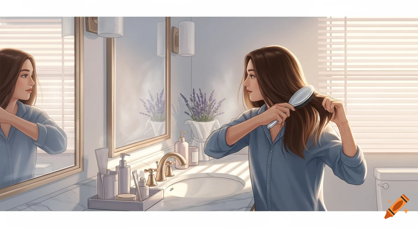 An illustration of a woman in a blue shirt brushing her long brown hair in a well-lit bathroom, reflected in the mirror.