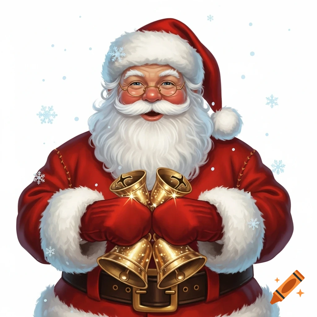 Illustrative portrait of Santa Claus holding jingle bells, with snowflakes on a white background.