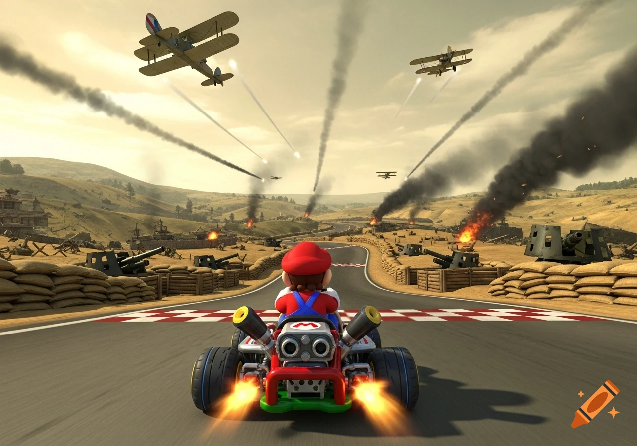 Mario in a kart races on a track through a WWI battlefield with biplanes, cannons, and explosions in a video game graphic style.