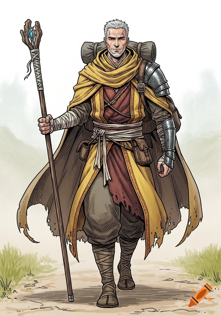 A D&D portrait of an older male human monk with silver hair and beard, wearing road-dirty yellow and brown robes, a tattered cloak, and a backpack, holding a staff, walking on a dirt road in a sketch style.