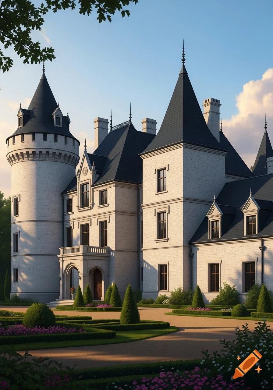 A grand white brick castle mansion with black pointed roofs and turrets, surrounded by manicured green gardens under a blue sky.
