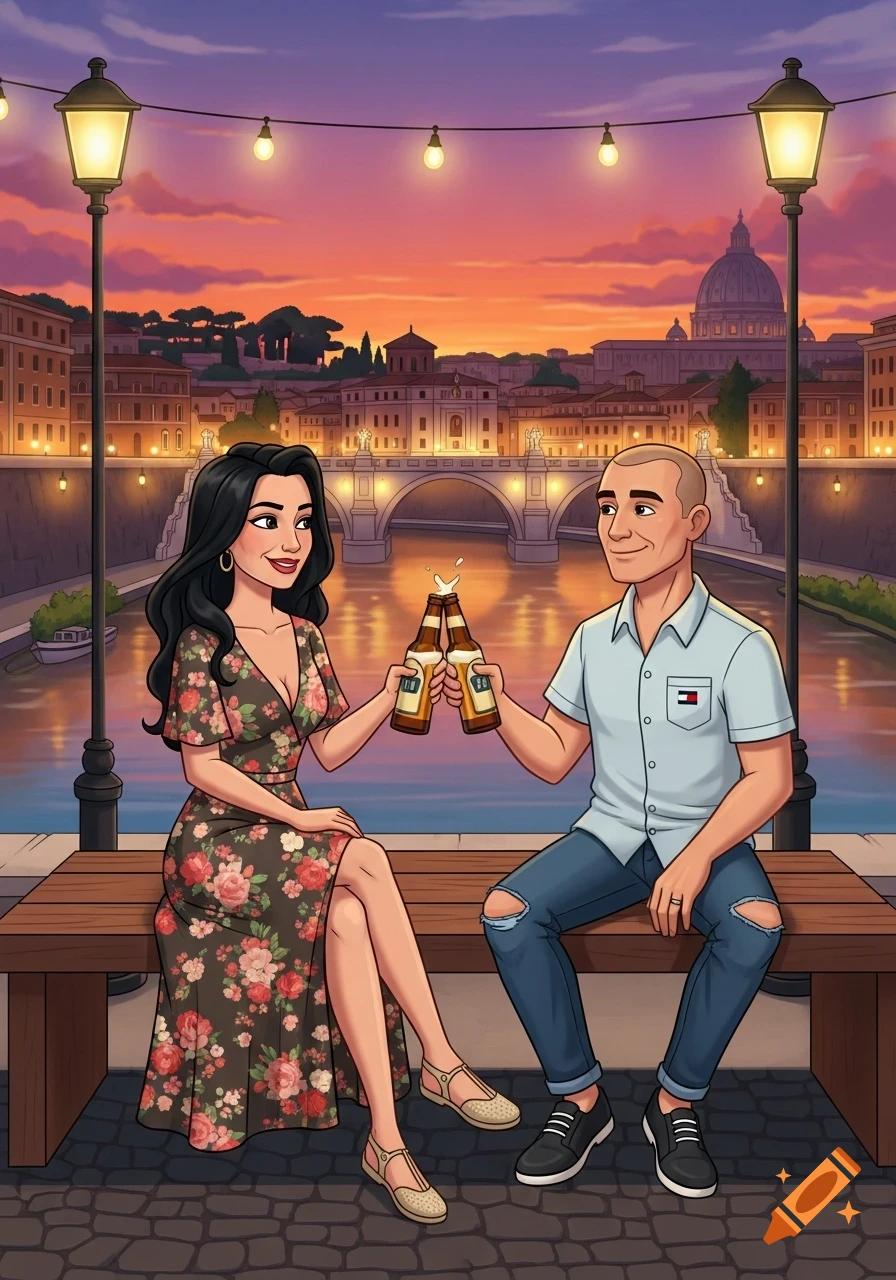 Classic cartoon illustration of a couple toasting beer on a bench by the Tiber River in Rome at sunset, with city lights illuminating the background.