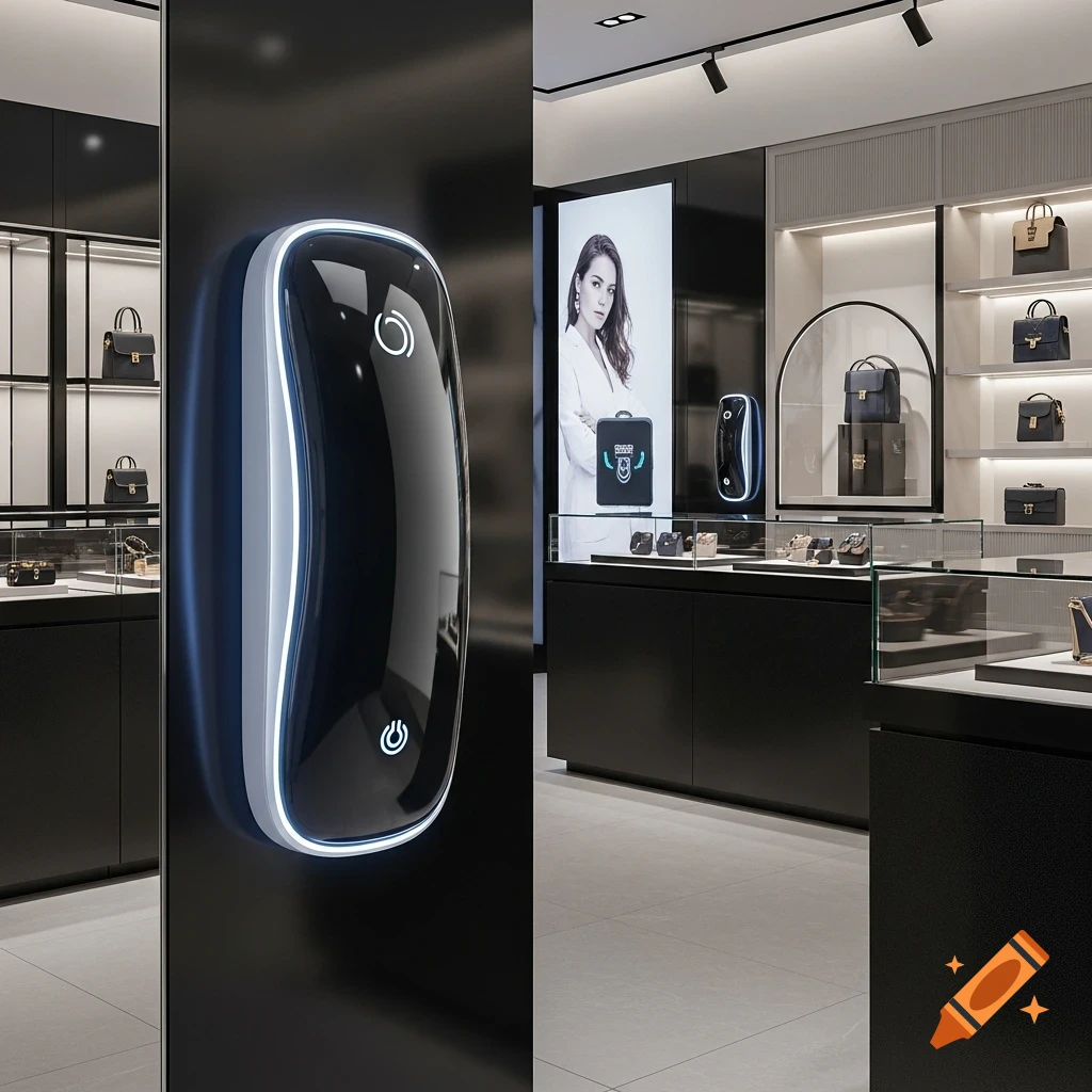 A modern luxury retail store with display cases, shelves of designer handbags, and sleek wall-mounted electronic devices.