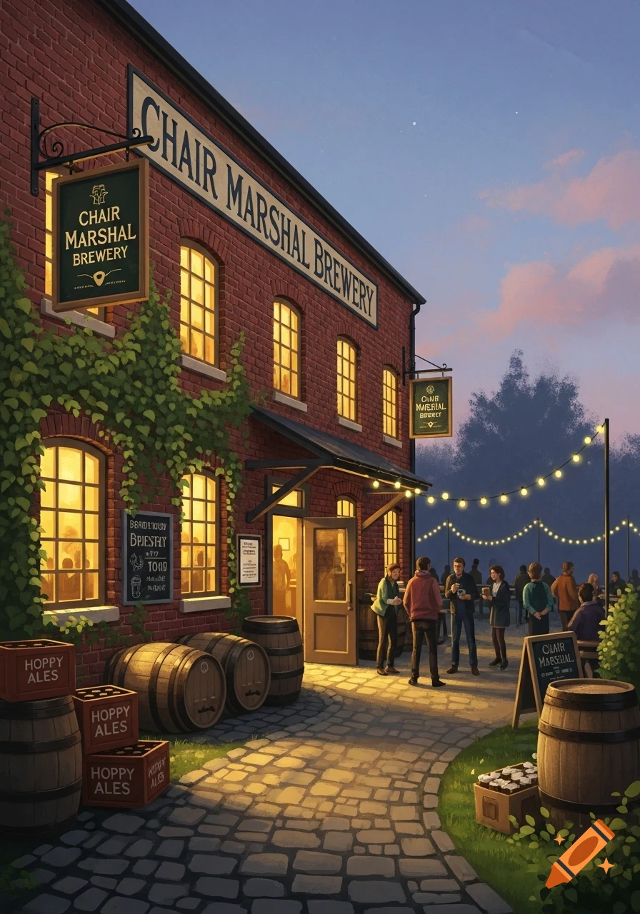 An evening scene outside a brick brewery with glowing windows and