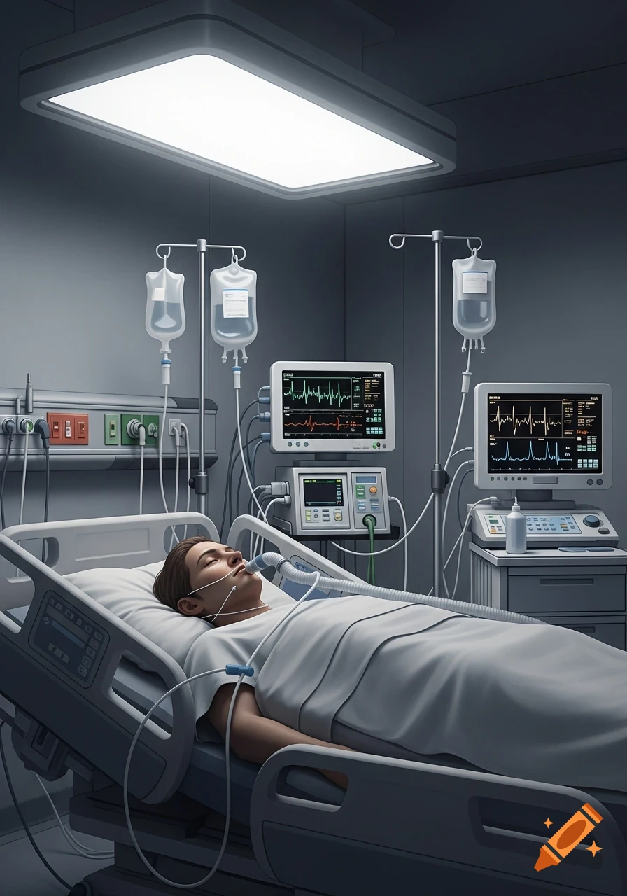 A patient lies in a hospital bed, connected to medical monitors displaying vital signs and IV drips, with a bright overhead light.