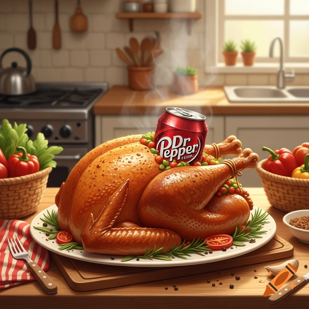 A perfectly roasted turkey garnished with cranberries and herbs, featuring a Dr Pepper can on its back, presented on a plate in a kitchen setting.