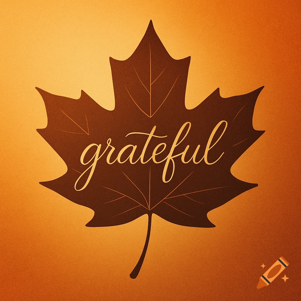 A dark brown maple leaf with the word 'grateful' in elegant script on a warm orange background.