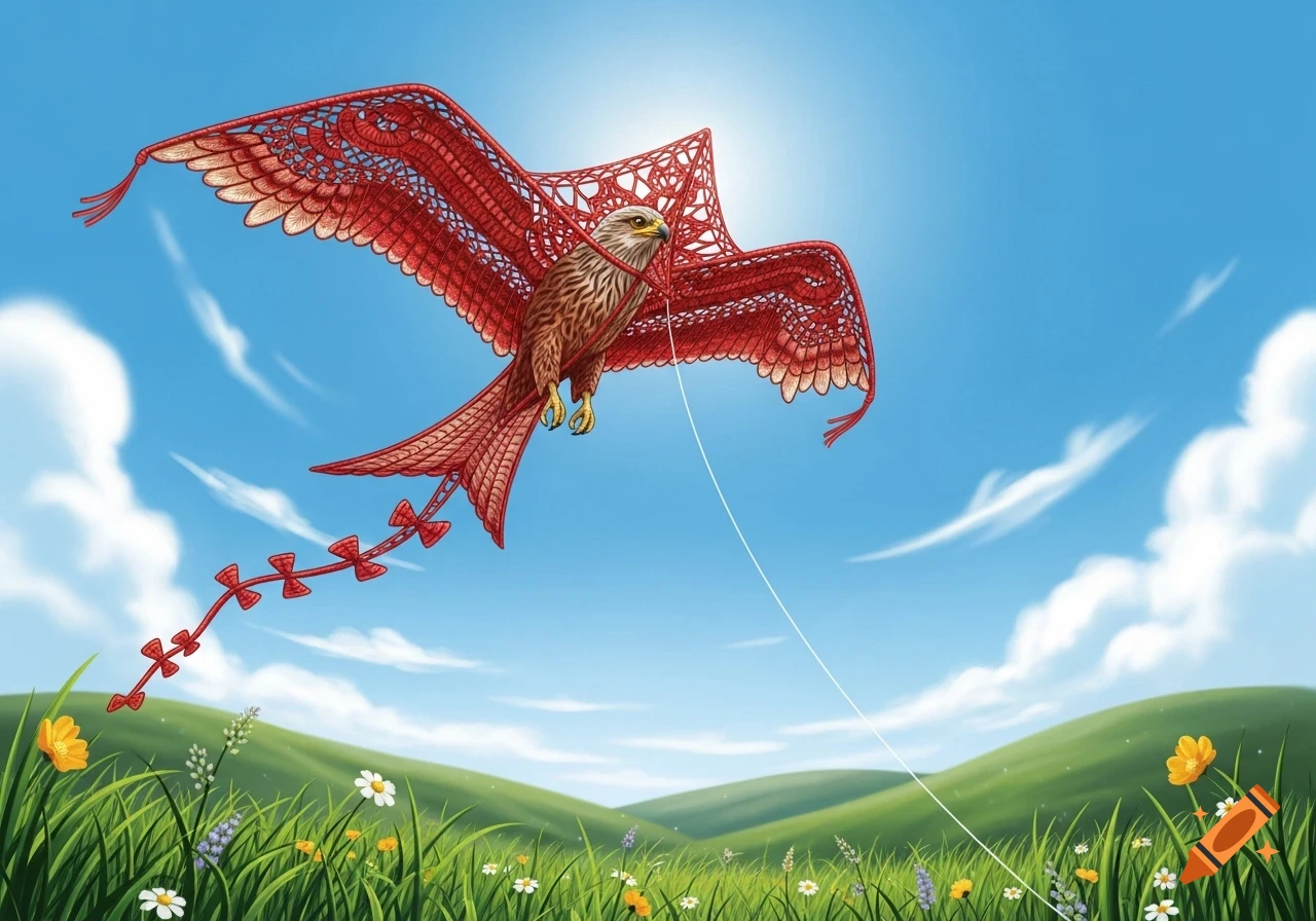 A detailed illustration of a red kite-shaped kite with intricate crochet wings flying high in a blue sky over green hills with wildflowers.