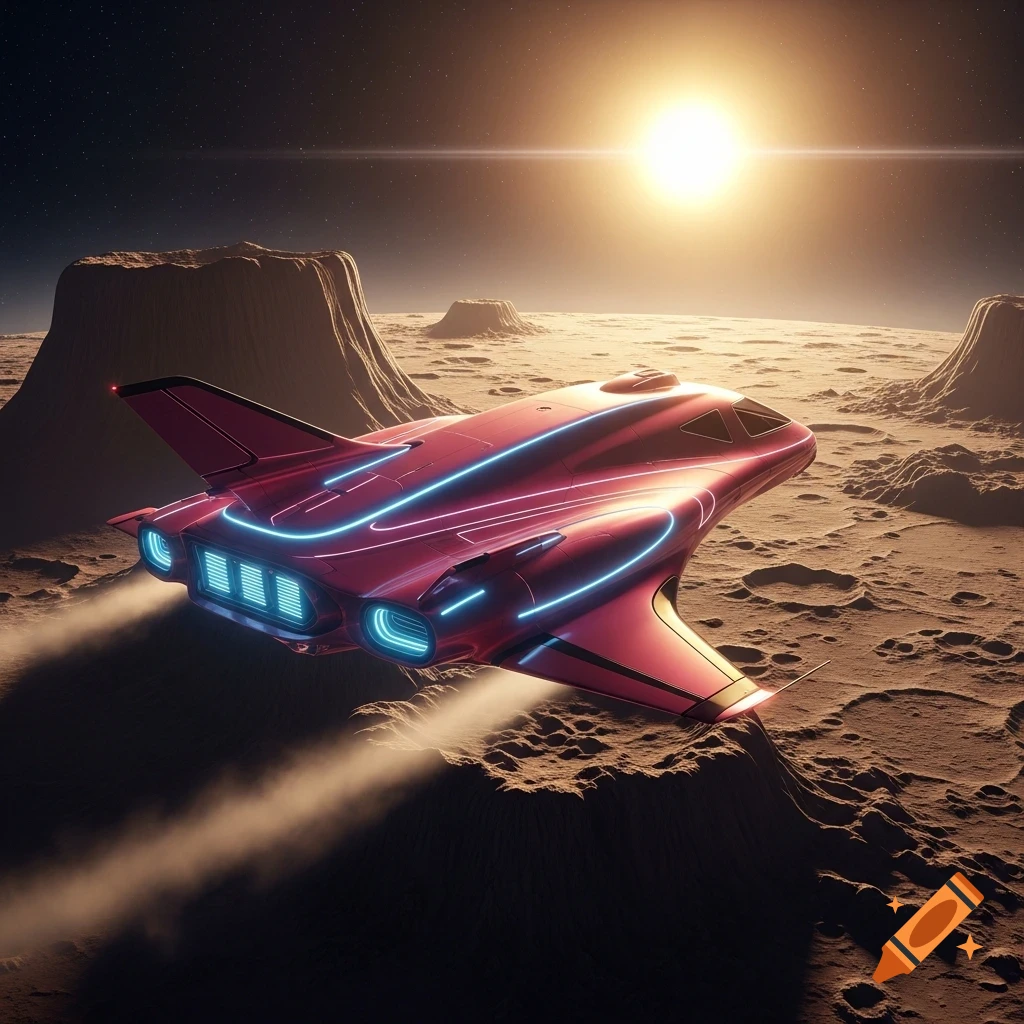 A pink futuristic shuttle with blue neon lights hovers over a barren, rocky planet surface under a bright sun in space.